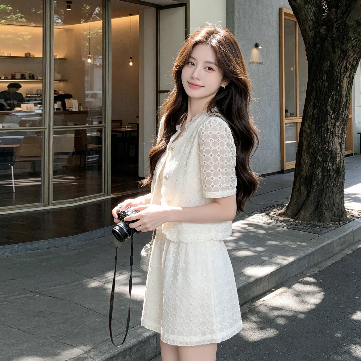 白色独特漂亮初夏套装女2026新款小香风镂空上衣短裤小个子两件套