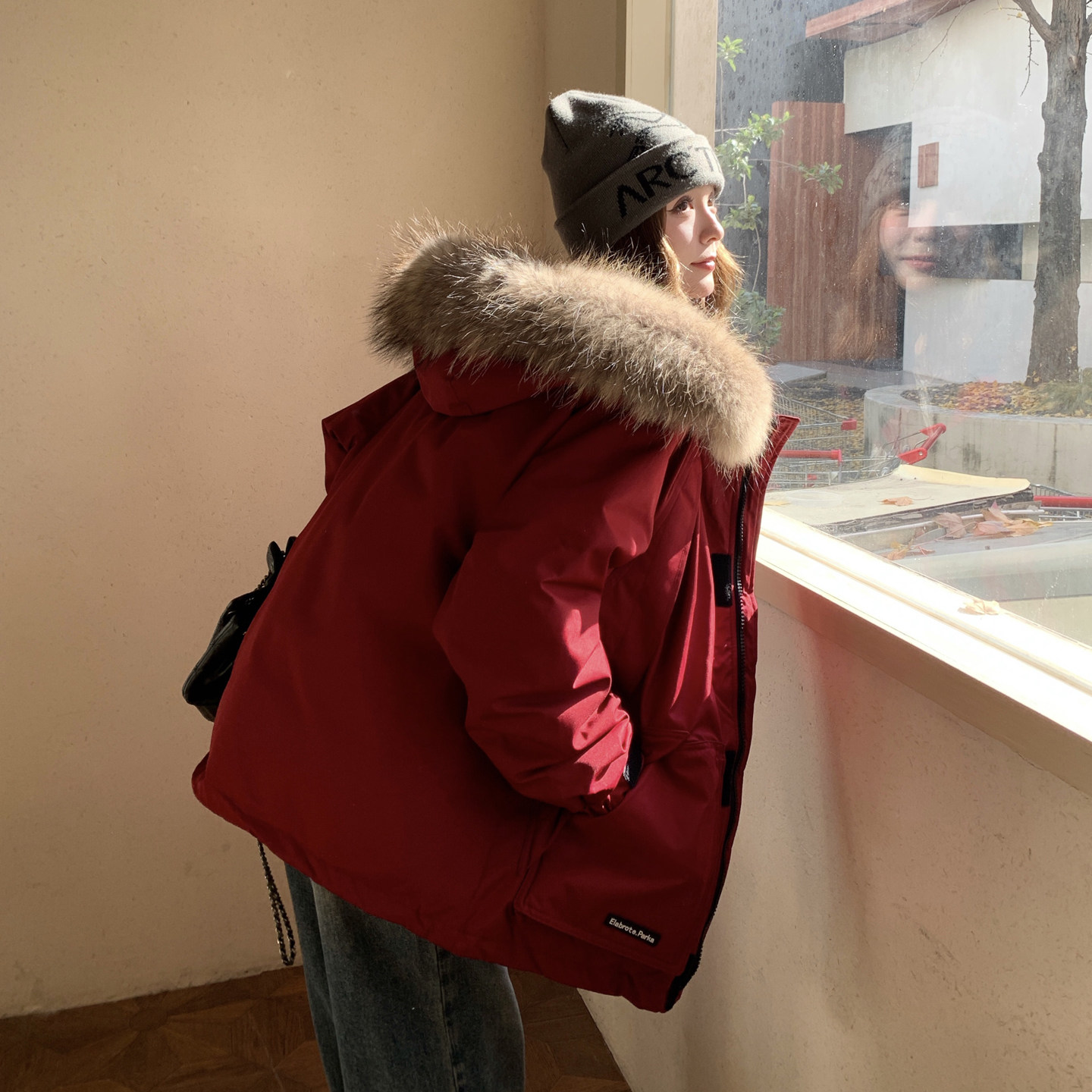 韩系超好看红色派克羽绒服女2025新款冬季爆款加厚工装外套小个子