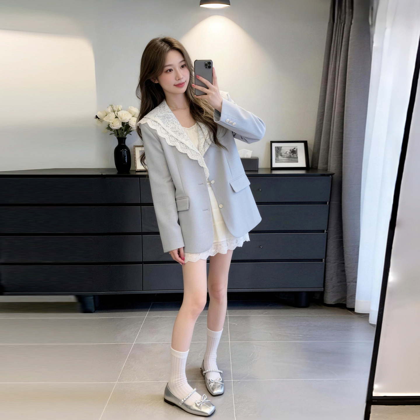 浅蓝色西装外套女春装2026新款蕾丝拼接海军领显瘦小个子西服上衣