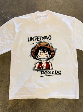 Adonis 100%纯棉重磅300克短袖长袖海贼王路飞印花潮牌风宽松T恤