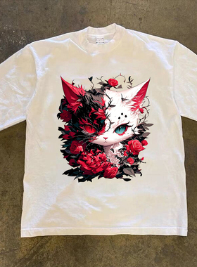 Adonis 100% 纯棉重磅300克短袖长袖红白玫瑰异色瞳猫咪印花T恤
