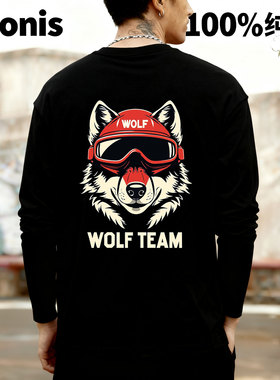 Adonis 100%纯棉重磅300克个性动物墨镜狼头印花短潮流长袖T恤