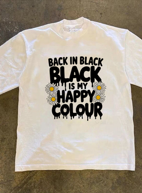 Adonis 100%纯棉300克重磅长短 T恤 街头风黑色文字雏菊印花白色