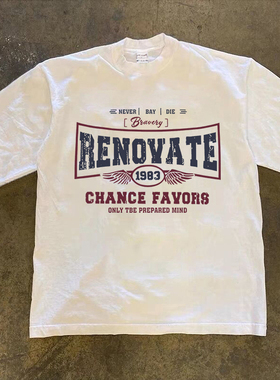 Adonis 100%纯棉重磅300克街头风英文标语做旧印花宽松长袖T恤