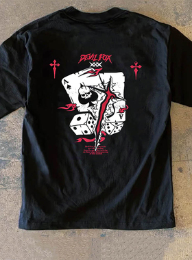 Adonis 100% 纯棉300克重磅黑恶魔扑克骰子骷髅暗黑风印花长T恤