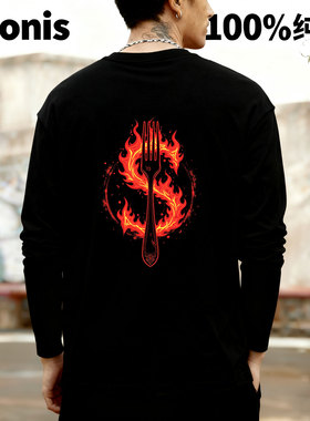 Adonis 100% 纯棉重磅 300克短袖 长袖后背酷炫火焰叉子港风 T 恤