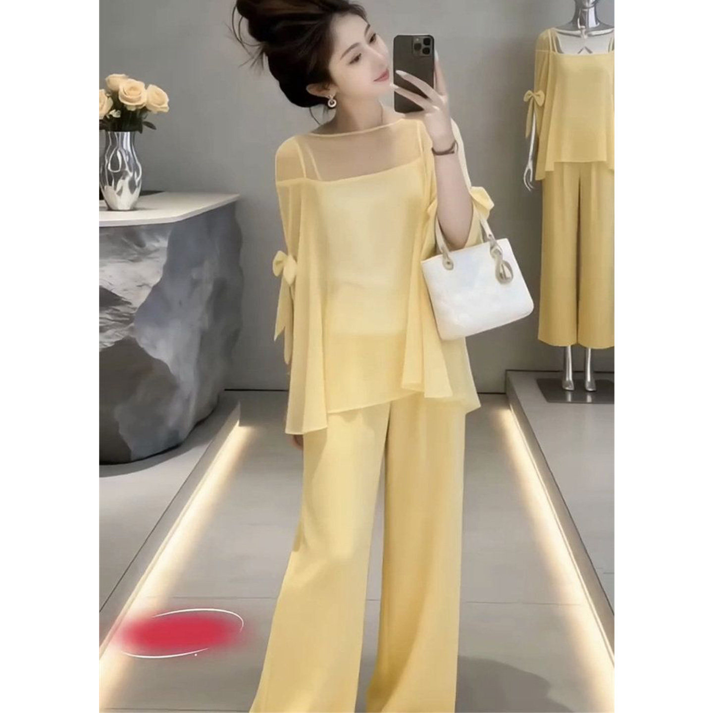 网红时尚甜美套装女2026夏季新款蝴蝶结拼接雪纺衫阔腿长裤两件套