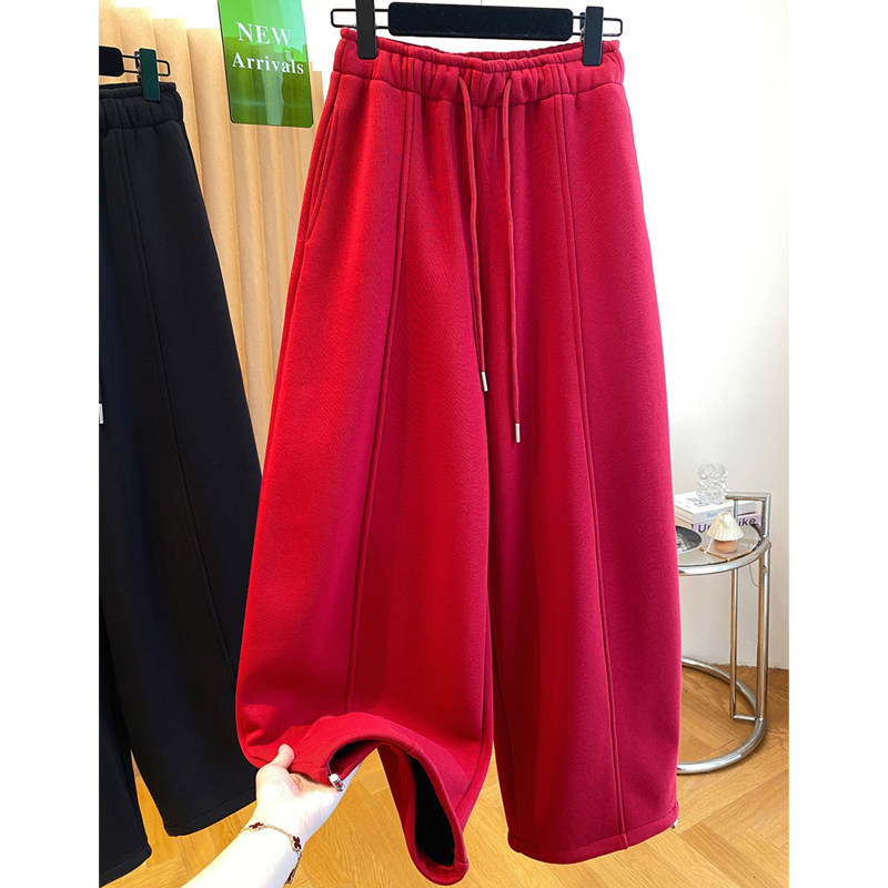 韩系时尚百搭红色休闲卫裤女2026春季新款加绒束脚阔腿两穿长裤子,女装/女士精品,卫裤,淘宝优惠券,粉丝福利购,淘宝优惠卷