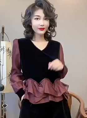 欧货假两件撞色长袖衬衫女春秋新款洋气荷叶边拼接设计丝绒上衣