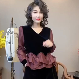 女春秋新款 洋气荷叶边拼接设计丝绒上衣 衬衫 欧货假两件撞色长袖