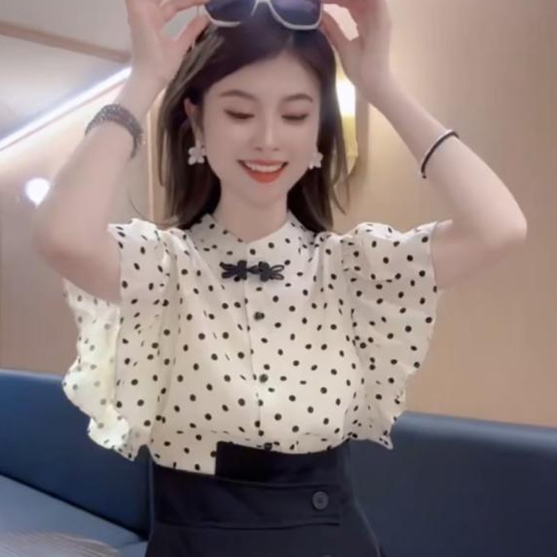 洋气荷叶边拼接飞飞短袖波点衬衫