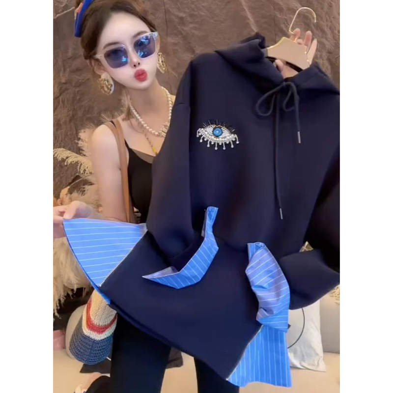 时尚设计感假两件帽衫女收腰卫衣