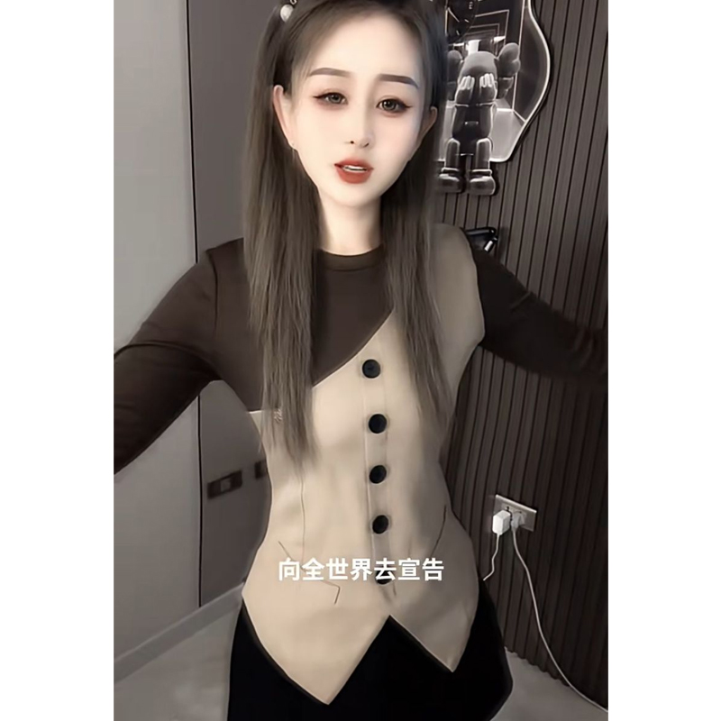 高级感chic别致上衣假两件T恤衫