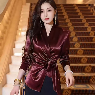 女2026春新款 法式 衬衫 不规则长袖 气质V领系带上衣 名媛高级感时尚