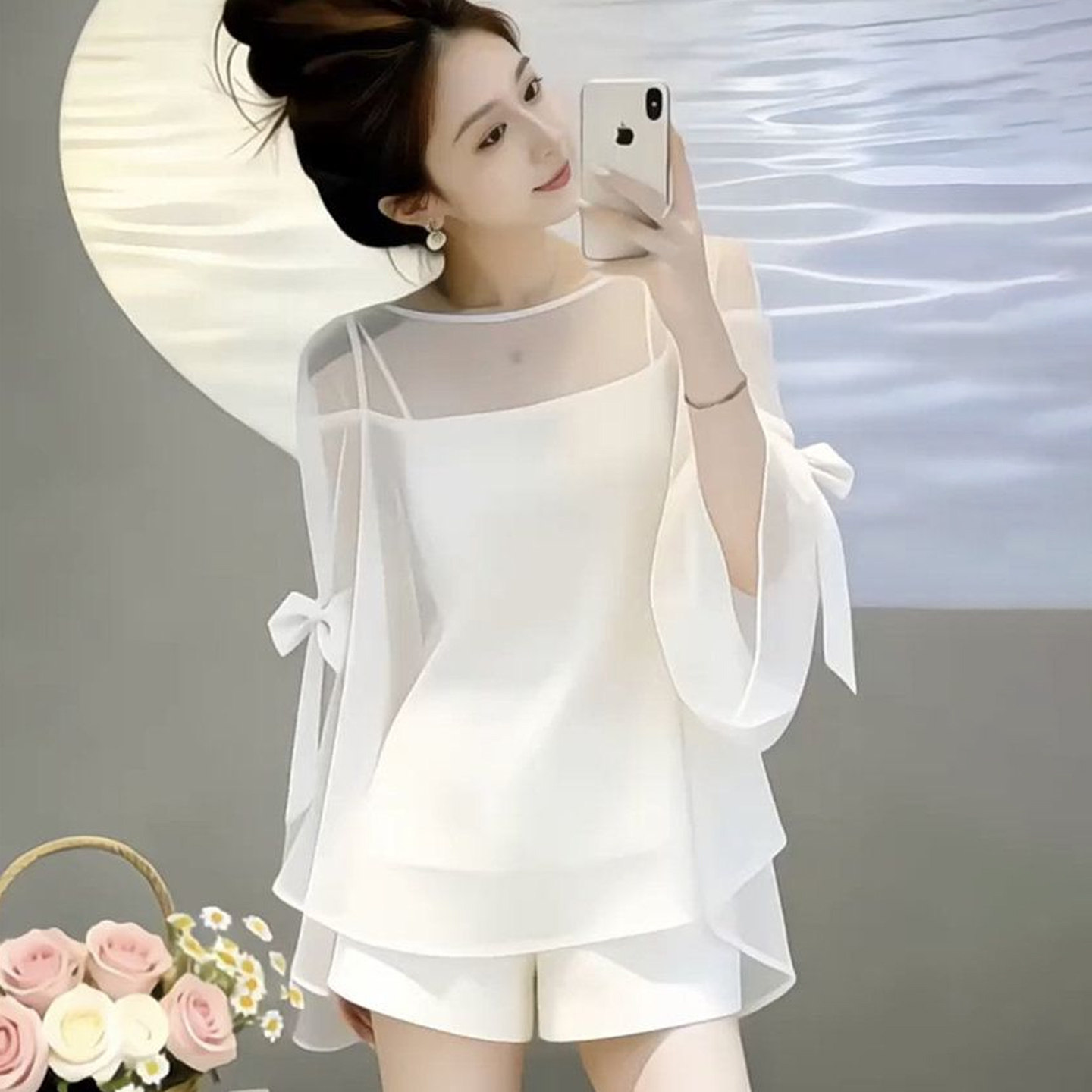 网红时尚爆款套装女2026夏季新款洋气蝴蝶结防晒雪纺衫短裤两件套