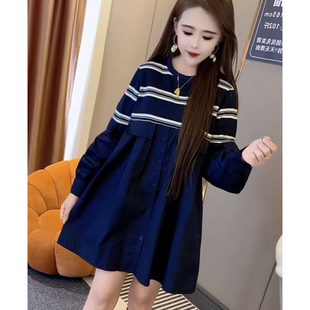 衬衫 连衣裙女2025秋新款 卫衣裙 假两件条纹拼接长袖 欧货高级感时尚