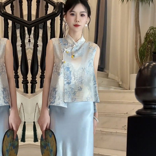 禅意提花钉珠设计不规则上衣 马甲女夏新款 新中式 国风复古盘扣时尚