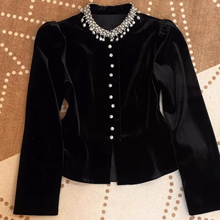 轻奢丝绒泡泡袖 重工钉珠设计气质圆领修身 衬衫 新款 上衣 女冬季 法式