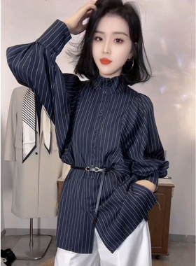 韩系时尚高级感条纹长袖衬衫女2025秋季新款气质立领休闲百搭上衣