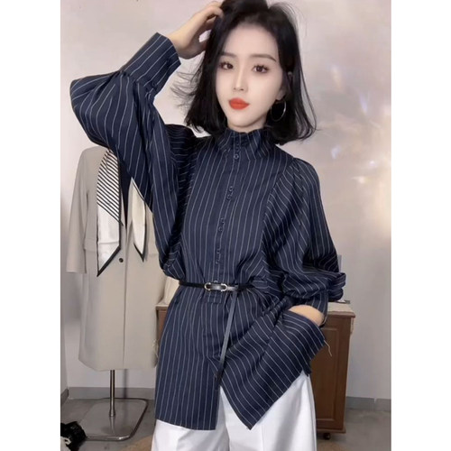 复古条纹衬衫女灯笼袖中长款衬衣