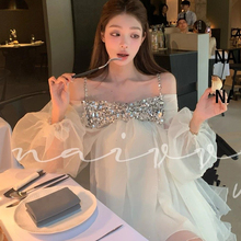 法式名媛性感露肩长袖连衣裙女夏新款蝴蝶结亮片设计千金风吊带裙