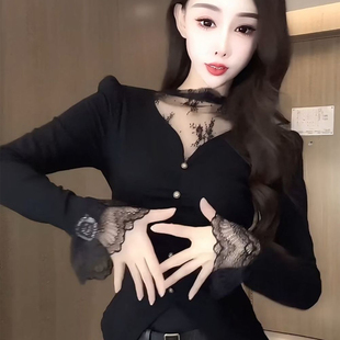 磨毛保暖内搭打底上衣 T恤女2025秋冬款 法式 名媛性感蕾丝拼接长袖