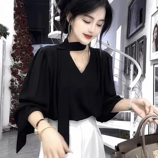 新款 女2025秋季 高级感减龄显瘦上衣ins 衬衫 韩系气质V领飘带七分袖