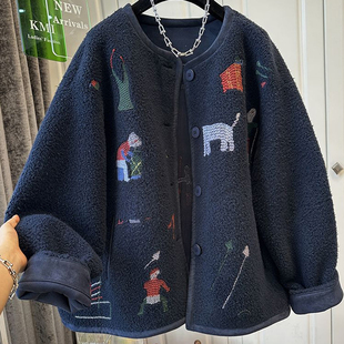 保暖长袖 新款 棒球服 刺绣设计皮毛一体毛呢外套女2025冬季 欧货时尚