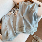 夏装 短裤 两件套女新中式 2025超火 立体花边刺绣设计无袖 衬衫 套装