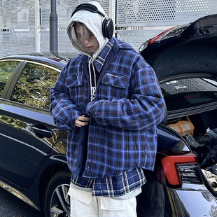 棉服纯棉外套VIBE夹克 双面可穿廓形蓝色格纹格子衫 GRAILZ LEARL