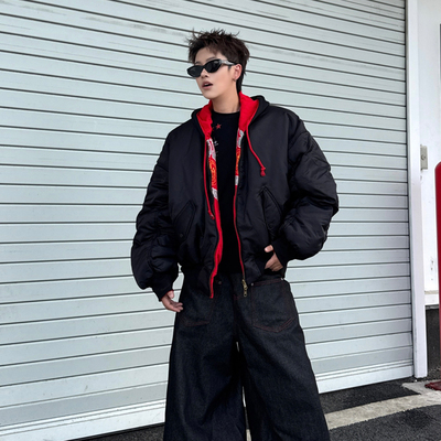 双面飞行廓形拉链连帽夹克棉服