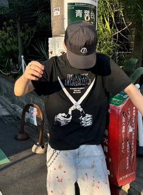 Grailz LEARL 美式刀割破坏vintage剪刀字母印花水洗做旧短袖T恤