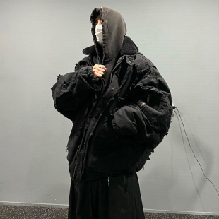随意对比 25FW设计师黑色破坏水洗做旧拉链卫衣连帽夹克棉服 新款