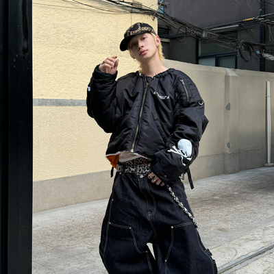 限定骷髅印花无领棉服