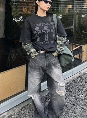 清仓！FAR ARCHIVE 24FW十字架字母印花标语迷彩拼接假两件长袖韩