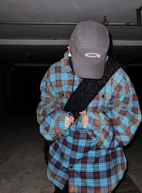 清仓 自主 23FW蓝色法兰绒渐变渲染格纹连帽衬衫棉服外套夹克情侣