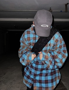 棉服外套夹克情侣 23FW蓝色法兰绒渐变渲染格纹连帽衬衫 清仓 自主