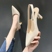 2026新款 法式 复古尖头粗跟高跟鞋 包头凉鞋 子后空女士职业工作单鞋