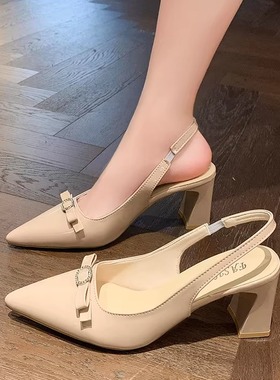 后空仙女尖头法式凉鞋2026春夏新款气质粗跟通勤鞋百搭浅口高跟鞋