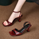 法式 子 设计感气质性感细跟高跟鞋 方头露趾一字扣带凉鞋 女2026新款