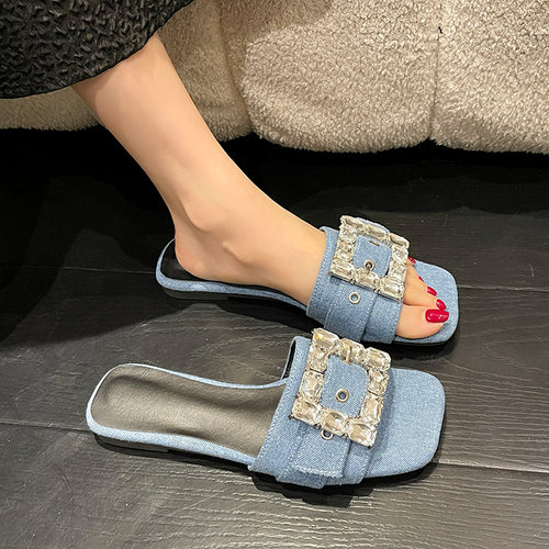 拖鞋女外穿法式水钻方扣平底凉拖