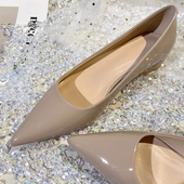 百搭浅口粗跟平底鞋 法式 时尚 女低跟3cm春秋新款 漆皮裸色尖头单鞋