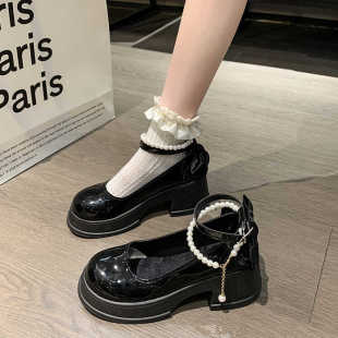 白色配裙子粗跟厚底温柔小皮鞋 玛丽珍鞋 法式 高跟鞋 女春2026新款