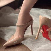 御姐气质包头半拖鞋 细跟女凉鞋 尖头杏色水钻性感高跟鞋 2026春新款