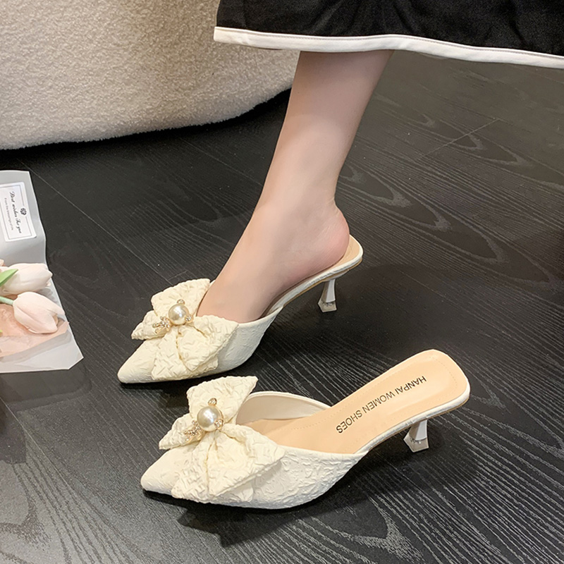 仙女风尖头半拖鞋女新款2025夏季时尚外穿法式珍珠水钻凉拖高跟鞋,女鞋,包头拖,淘宝优惠券,粉丝福利购,淘宝优惠卷