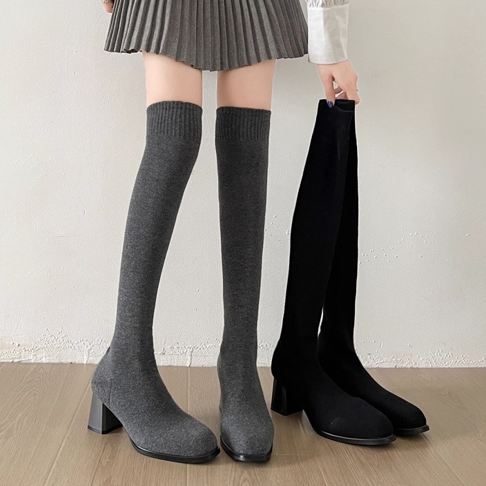 法式粗跟过膝袜子靴女高筒瘦瘦靴