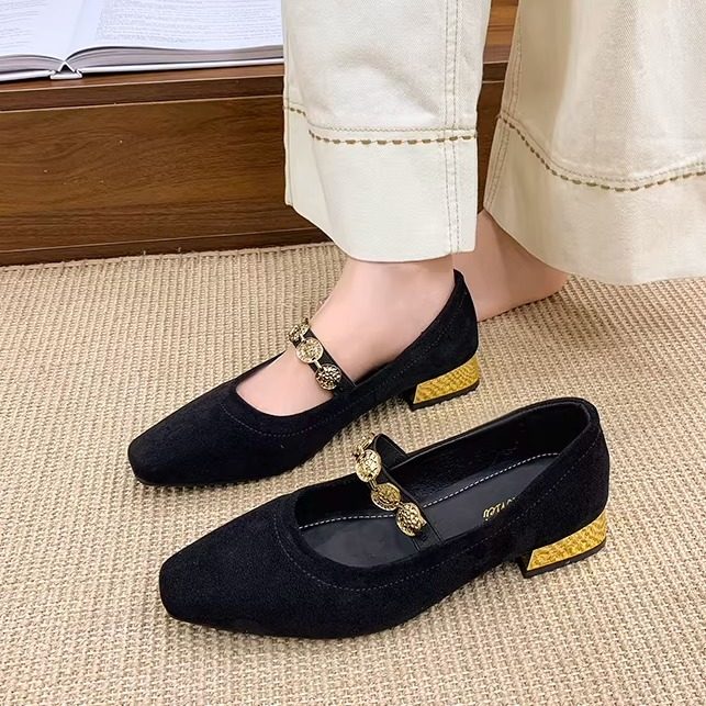 法式玛丽珍女鞋春秋黑色丝绒面一字带方头浅口低粗跟复古平底单鞋,女鞋,浅口单鞋,淘宝优惠券,粉丝福利购,淘宝优惠卷