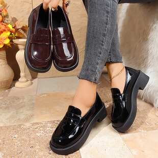 一脚蹬通勤粗跟单鞋 女配裙子厚底增高乐福鞋 英伦风小皮鞋 2025新款