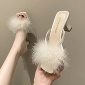 外穿2026夏季 新款 时尚 仙女风毛毛凉拖鞋 粗跟方头温柔性感高跟鞋 子