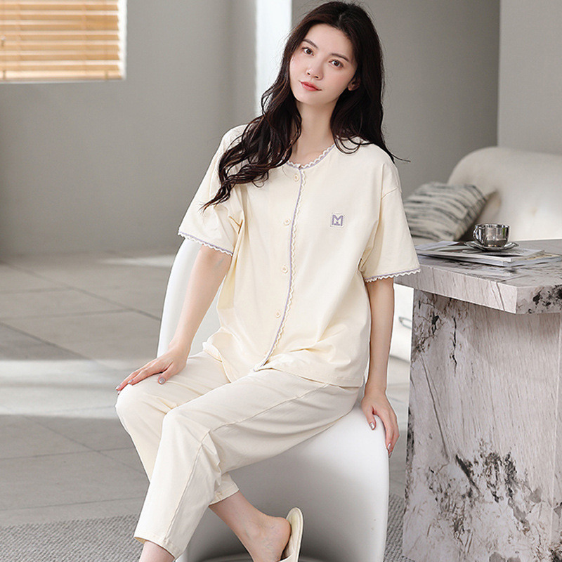 新款拉架棉7A防螨抗菌睡衣女夏季开衫款短袖长裤套装可外穿家居服